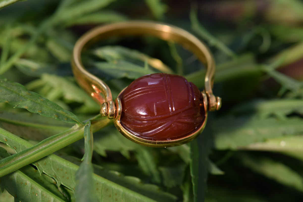 18k Gold Egyptian Revival Carved Carnelian Scarab Ring, 8.5