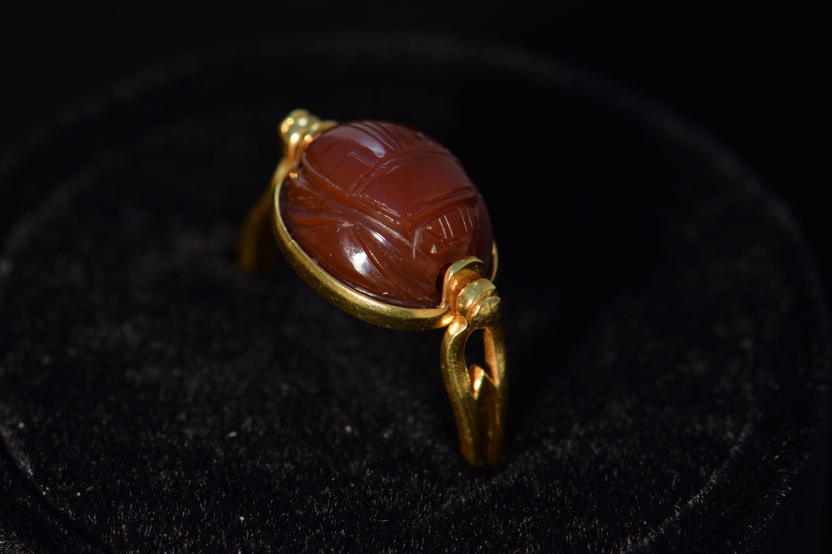 18k Gold Egyptian Revival Carved Carnelian Scarab Ring, 8.5