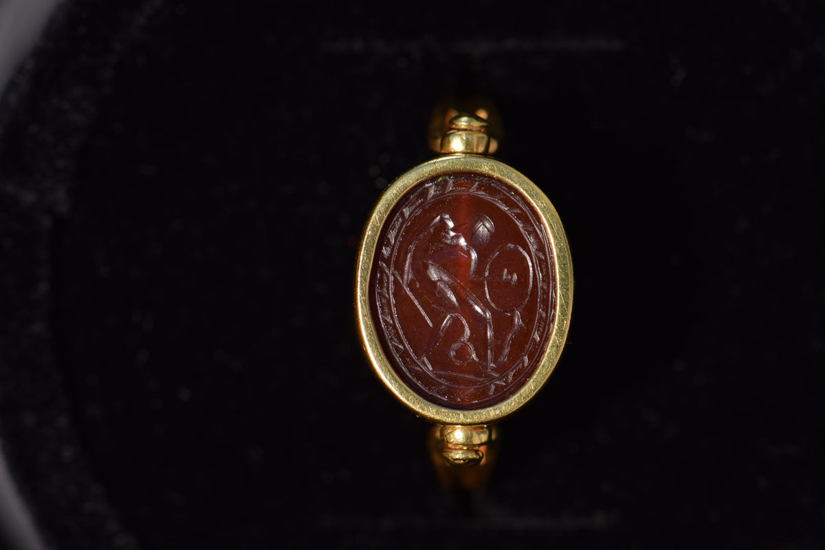 18k Gold Egyptian Revival Carved Carnelian Scarab Ring, 8.5