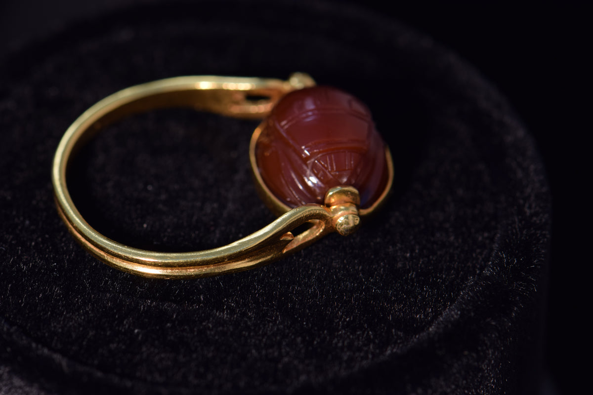 18k Gold Egyptian Revival Carved Carnelian Scarab Ring, 8.5