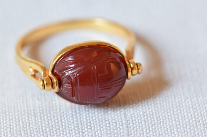 18k Gold Egyptian Revival Carved Carnelian Scarab Ring, 8.5