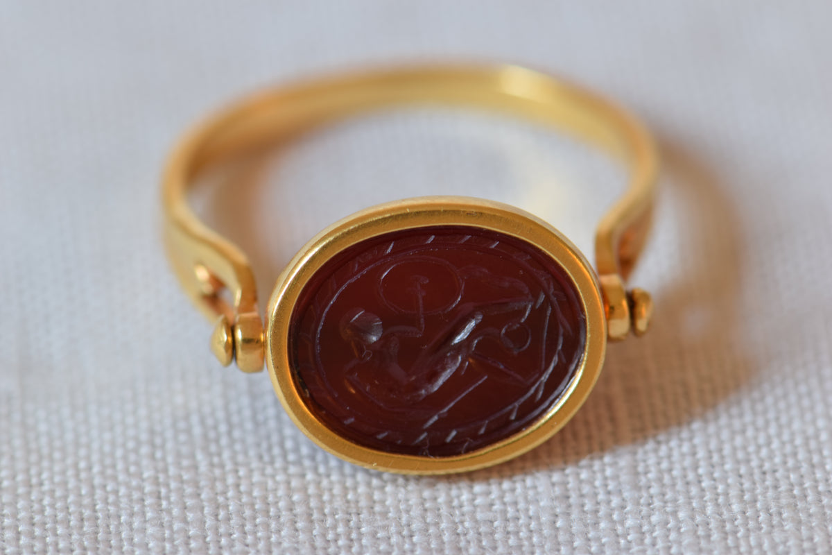 18k Gold Egyptian Revival Carved Carnelian Scarab Ring, 8.5