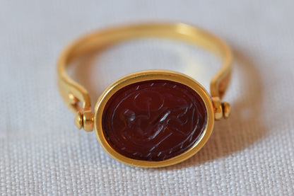 18k Gold Egyptian Revival Carved Carnelian Scarab Ring, 8.5