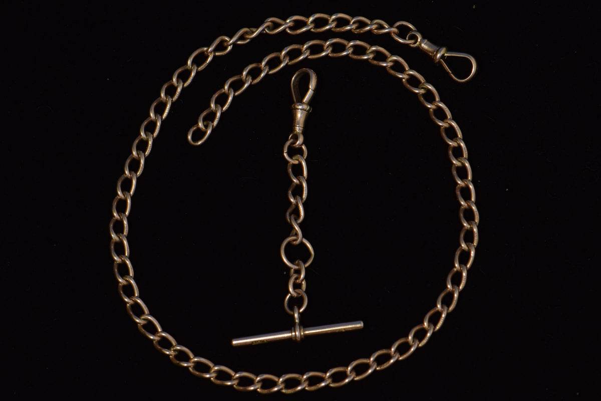 9k English Watch Chain with Removable T-Bar, 16-18in